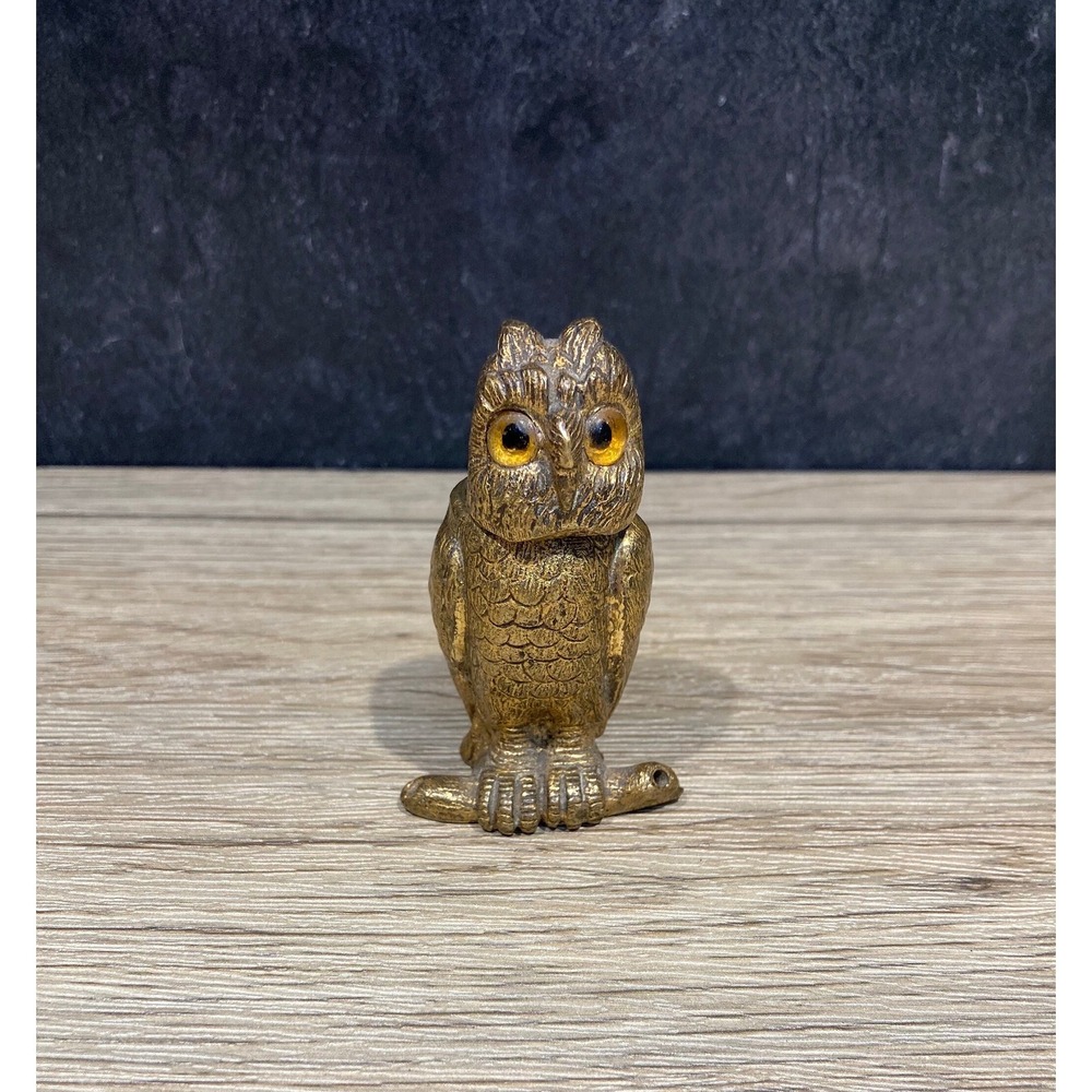 Antique Brass Owl on a Branch w/ Glass Eyes Hinged Inkwell 2 3/4"